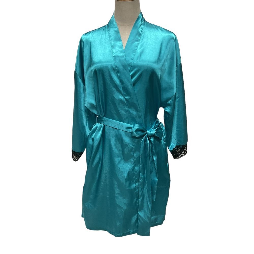 Fredericks of Hollywood Blue Satin Short Kimono Robe Lace Trim Pockets Size M
